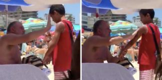 Homem passa protector solar em menino que vendia bala na praia