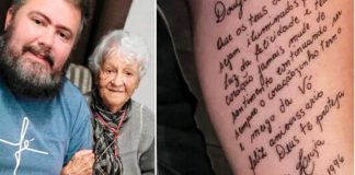 Neto emociona avó e tatua carta dela de 1996: “coraçãozinho terno e meigo da vó”